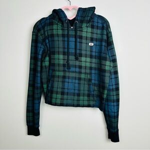Abercrombie & Fitch Green and Blue Plaid Cropped Hoodie